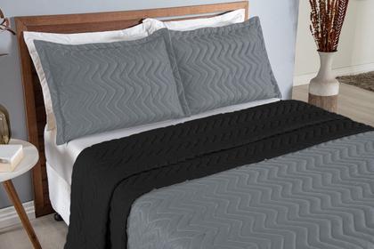 Imagem de Colcha Cobre Leito Cama de Casal 3 pç Dupla Face Acolchoado Microfibra Cinza e Preto