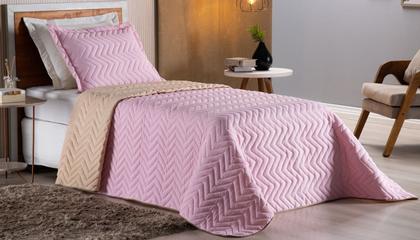 Imagem de Colcha Cobre Leito Cama de Solteiro 2 pç Dupla Face Acolchoado Microfibra Rosa e Bege