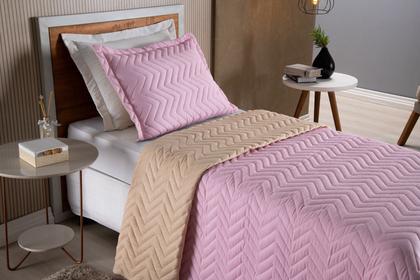 Imagem de Colcha Cobre Leito Cama de Solteiro 2 pç Dupla Face Acolchoado Microfibra Rosa e Bege