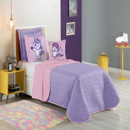 Imagem de Colcha Cobre Leito Edredom Roupa De Cama Infantil 5 Pçs Matelado Dupla Face Quarto Menina Lilas