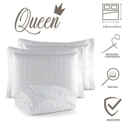Imagem de Colcha Cobre Leito Queen com Porta Travesseiro 300 Fios Toque Macio Kit 3 Peças Branco