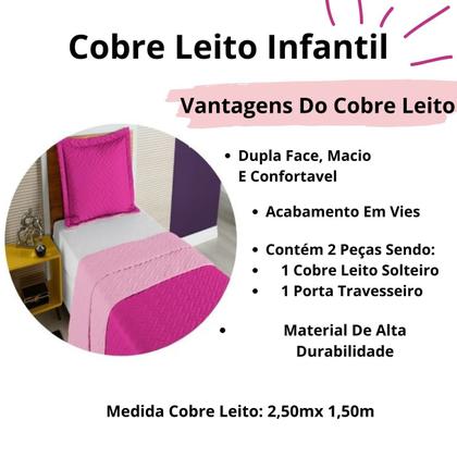 Imagem de Colcha Cobre Leito Roupa De Cama Solteiro 2 Pçs Matelado Quarto Infantil Menina Pink Macio Luxo