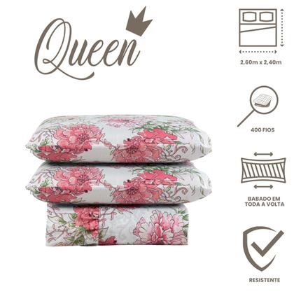 Imagem de Colcha Queen 400 Fios Estampada Com Babado 03 Peças Toque Macio Laila Floral Rosa