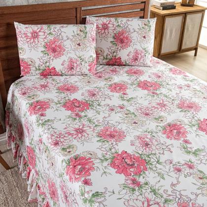 Imagem de Colcha Queen 400 Fios Estampada Com Babado 03 Peças Toque Macio Laila Floral Rosa
