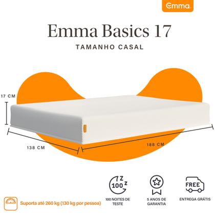 Imagem de Colchão Casal Emma Basics 17  138x188cm Espuma D28 17cm com Tecnologia Alemã, Firmeza Ideal, Suporte Confortável, 100 Noites de Teste 5 Anos de G