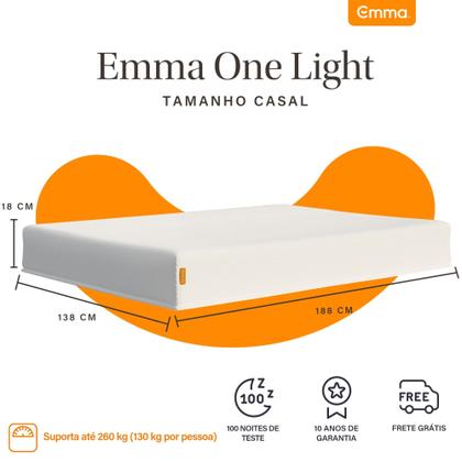 Imagem de Colchão Casal Emma One Light 138x188cm, Colchão de Espuma com 2 Camadas, Firmeza Ideal, Suporte Corporal, Conforto e Frescor, 100 Noites de Teste
