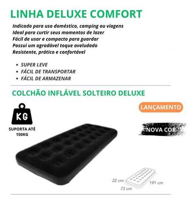 Imagem de Colchão De Ar Inflável Grande Solteiro Com Kit Reparo 150kg Preto Bel Deluxe Comfort Black Edition