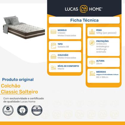 Imagem de Colchão de Solteiro Classic Molas Ensacadas 88x188x22cm