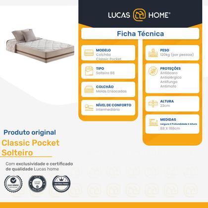 Imagem de Colchão de Solteiro Classic Molas Pocket 88x188x22cm