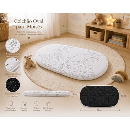 Imagem de Colchão Oval Para Mini Berço Moisés Infantil Com Tecido Respirável E Fundo Antiderrapante