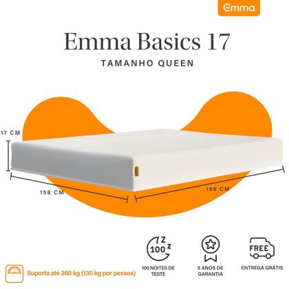 Imagem de Colchão Queen Emma Basics 17  158x198cm Espuma D28 17cm com Tecnologia Alemã, Firmeza Ideal, Suporte Confortável, 100 Noites de Teste
