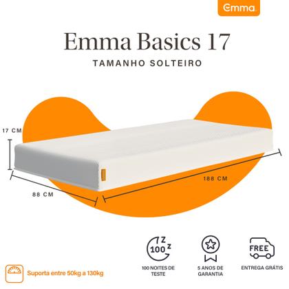 Imagem de Colchão Solteiro Emma Basics 17  88x188cm Espuma D28 17cm com Tecnologia Alemã, Firmeza Ideal, Suporte Confortável, 100 Noites de Teste