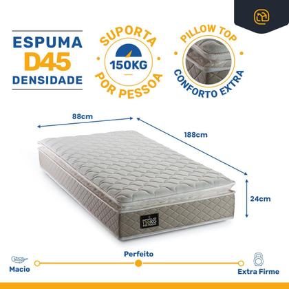 Imagem de Colchão Solteiro Espuma D45 Pillow Top Strong 88x188x24cm - Suporta até 150kg por pessoa