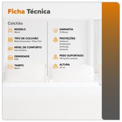 Imagem de Colchão Solteiro Miami Molas Ensacadas 88x188x22cm