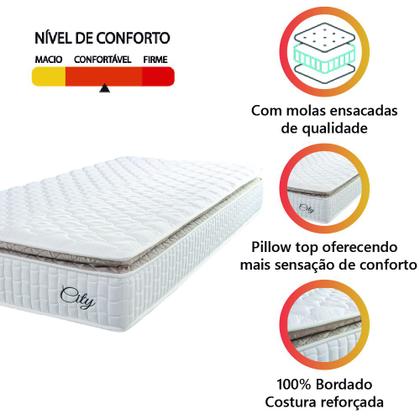 Imagem de Colchão Solteiro Molas Ensacadas City Pillow Top 88x188x23cm Branco/Bege Hellen - Suporta até 110kg por Pessoa