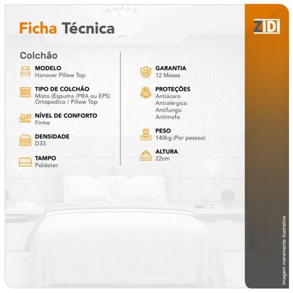 Imagem de Colchão Viúva Hanover One Ortopédico Espuma D33 Pillow Top 128x188x22cm