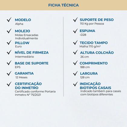Imagem de Colchão Viúva Mola Ensacada Probel Alpha (128x188x26cm) Branco