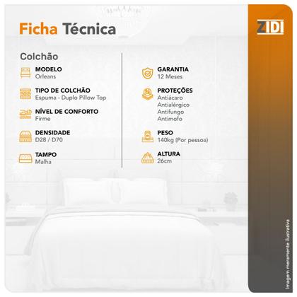 Imagem de Colchão Viúva Orleans Espuma D70/D28 Dupla Face Pillow Top 128x188x26cm
