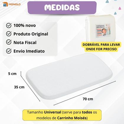 Imagem de Colchonete p/ Carrinho Bebê Moisés Capa Removível Universal ninho mini Berço redutor Macio 70cmx35cmx5cm Monolo
