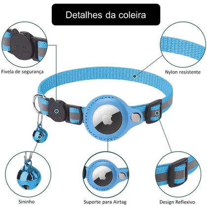 Imagem de Coleira Pet Gato Nylon Refletiva Guizo com Case P/ Airtag