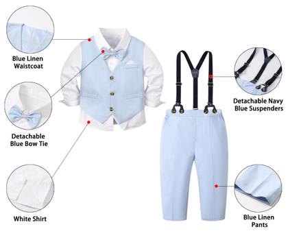 Imagem de Colete de linho, calça, camisa, gravata borboleta, gravata borboleta, azul de 5 peças para bebês