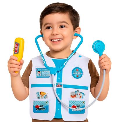Imagem de Colete Fantasia Medico Infantil Azul Com Estetoscopio Termometro Brinquedo Profissao Menino