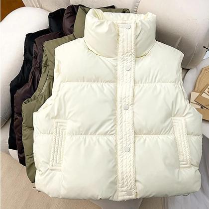 Imagem de Colete Feminino Casual Quente Sem Mangas Em PU Com Gola Alta E Botões, Jaqueta Solta Para Outono E