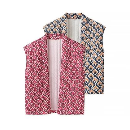 Imagem de Colete Feminino Chique Casual Estampado Sem Mangas Acolchoado Com Abertura Frontal Estilo Cardigã