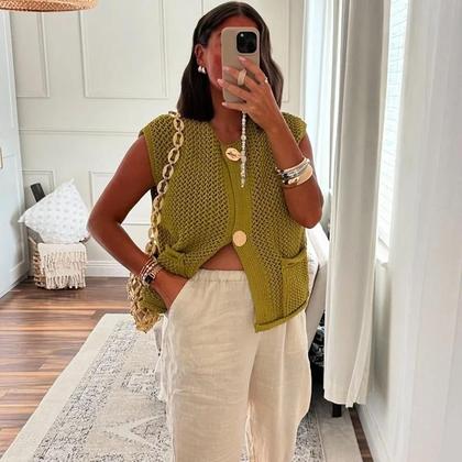 Imagem de Colete Feminino Crochê Sem Mangas - Recorte Casual para Outono
