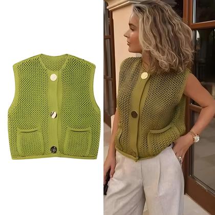 Imagem de Colete Feminino Crochê Sem Mangas - Recorte Casual para Outono