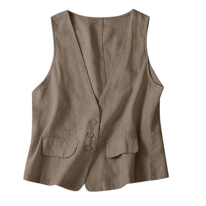 Imagem de Colete Feminino Vintage de Linho e Algodão - Decote V, Sem Mangas, Casual