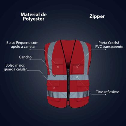 Imagem de Colete Sinalizador Faixa Refletiva Segurança Trabalho Obra Construçao EPI Blusao Fluorescente Guarda Transito Resistente Porta Caneta Bolsos
