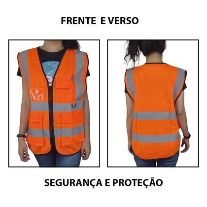 Imagem de Colete Sinalizador Faixa Refletiva Segurança Trabalho Obra Construçao EPI Blusao Fluorescente Guarda Transito Resistente Porta Caneta Bolsos