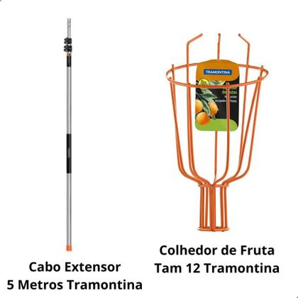 Imagem de Colhedor Frutas Laranja Pequeno e Cabo Extensor 5 Metros Prata Tramontina