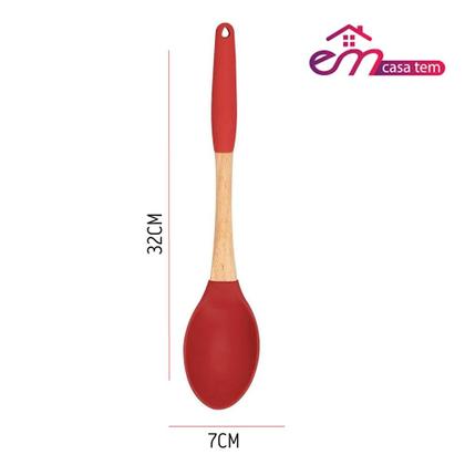 Imagem de Colher Auxiliar de Mexer Silicone Cabo de Madeira Vermelho 32cm Utensílio Em Casa Tem