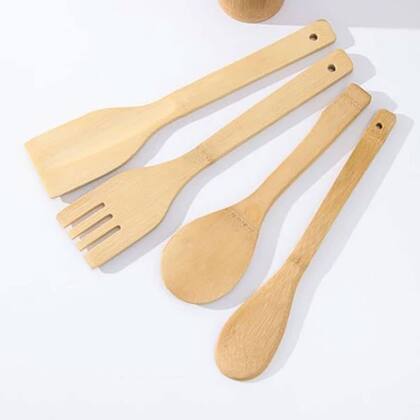 Imagem de Colher De Pau Bambu Madeira Culinário 4 Peças + Suporte