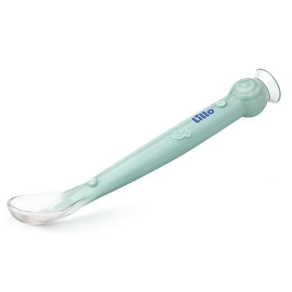Imagem de Colher de Silicone Infantil Lillo com Cabo Longo e Ventosa Ponta Macia e Flexível Verde Ursinho 6 +meses Introdução Alimentar BPA free