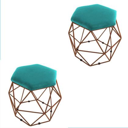 Imagem de Combo 02 Puffs Aramado Bronze Assento Hexagonal Suede Azul Tiffany - DS Estofados