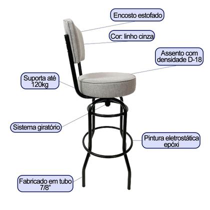 Imagem de Combo 4 Banquetas Alta Bar Giratória com Encosto cor Preta Assento linho cinza Confortável