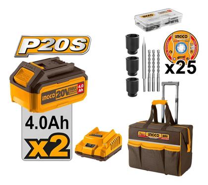 Imagem de COMBO 5 PCS - PARAF 1/2 66NM, CHAVE IMP 400Nm, ESM ANG 4.1/2, MARTELETE 2.5J e LANT C 2 BAT 4A BOLSA