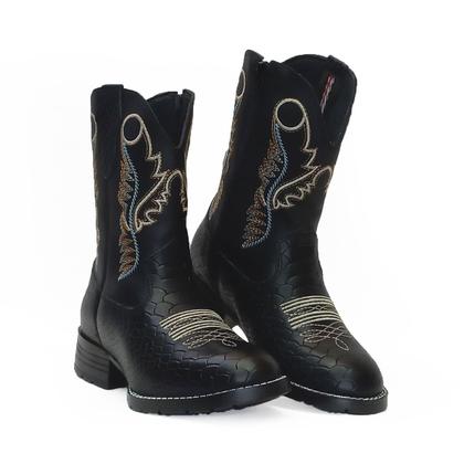 Imagem de Combo Bota Country Texana Infantil Unissex em Couro Preto + Chapéu Preto Linha Indiana Kids Kapell