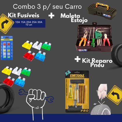 Combo Caixa Ferramenta+Kit Fusíveis Para Automovel+Kit Reparo Pneu