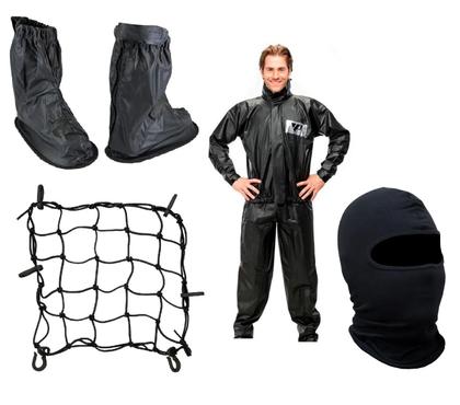 Imagem de Combo Capa Roupa Chuva + Capuz Touca Ninja + Polaina Galocha + Rede Elástica Vestimenta Vestuário Jaqueta Calça Pantaneiro Pvc Preta Moto Motoqueiro