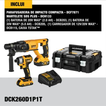 Imagem de Combo DCK260D1P1T-BR  Martelete SDS Plus 1'' (DCH133) e Parafusadeira de Impacto 20V MAX com 2 Baterias e Carregador Bi