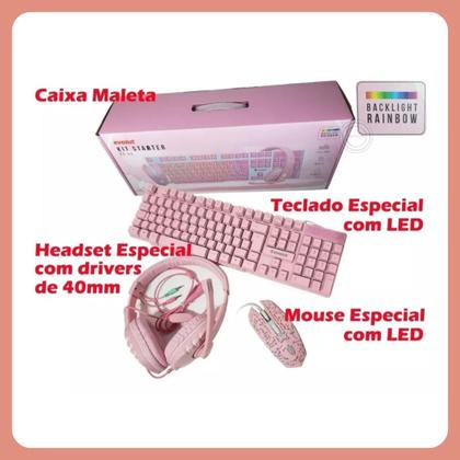 Imagem de Combo gamer rosa (teclado+mouse+fone) eg53 - evolut