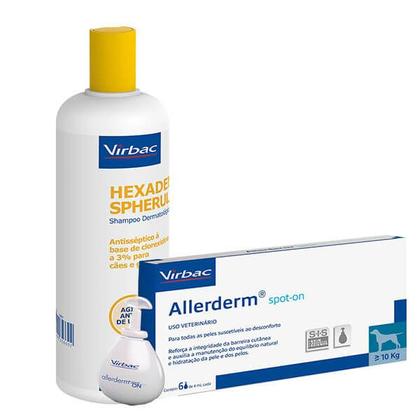 Imagem de Combo Hexadene Shampoo Antisséptico Cães e Gatos 500ml e Allerderm Spot On Dermatites em Cães 6 Pipetas de 4ml