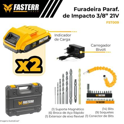 Imagem de Combo Martelete Perfurador Rompedor 820W e Parafusadeira Furadeira De Impacto Profissional 21v com Maleta e Acessórios Fasterr