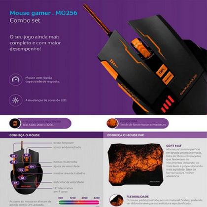 Imagem de Combo Mouse Gamer 3200 Dpi Usb e Mousepad Laranja Mo256