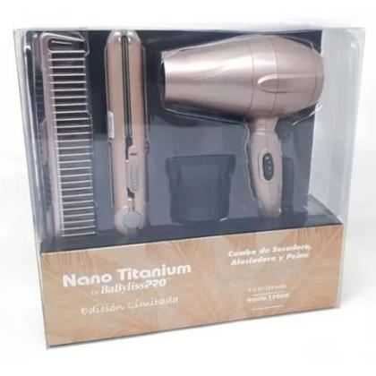 Imagem de Combo Nano Titanium Mini Prancha + Mini Secador + Pente Rose Gold Babyliss PRO