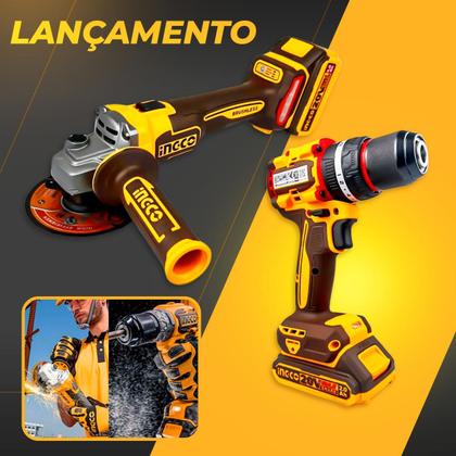 Imagem de Combo Parafusadeira de Impacto Á Bateria 20V Com Esmerilhadeira 115mm C/ 1 Bateria 2 AH e 1 Bateria 4 Ah Profisisonal Ingco